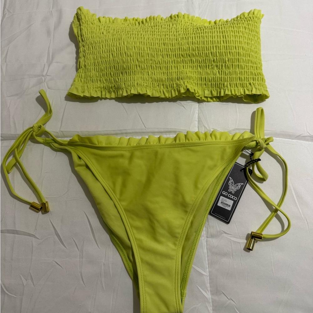 NWT - GO COCO Neon Lime Smocked Bandeau Bikini Set